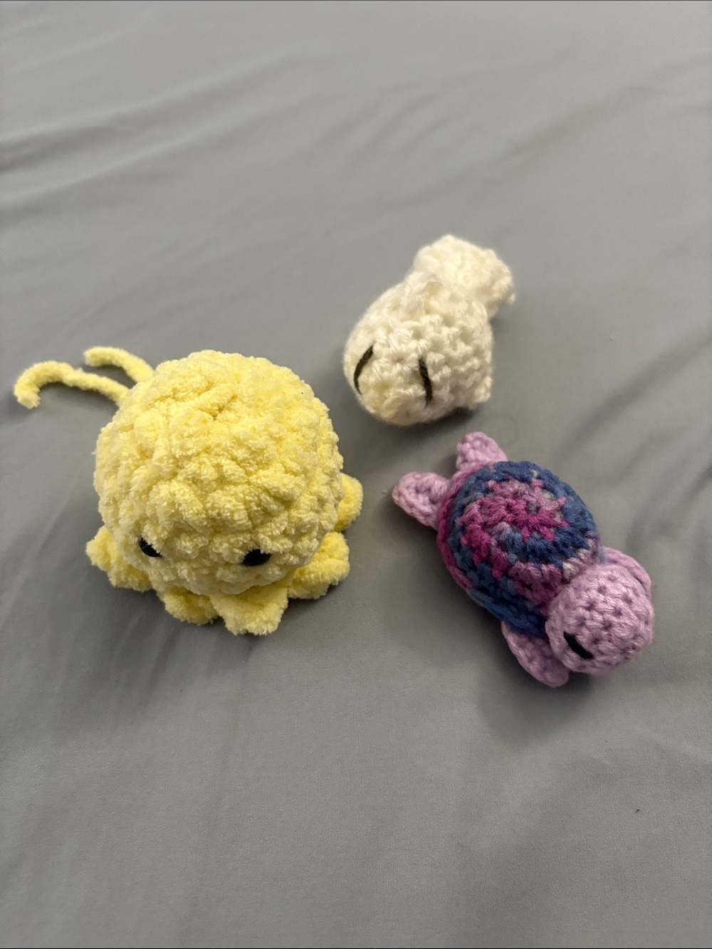 Handmade Crochet Plush Trio - Yellow Octopus, Purple Turtle, Cream fish
